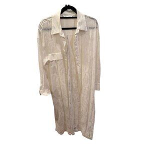 ZARA Long Ivory Sheer Lace Button-Down Shirt XL | Beach Cover-Up Duster